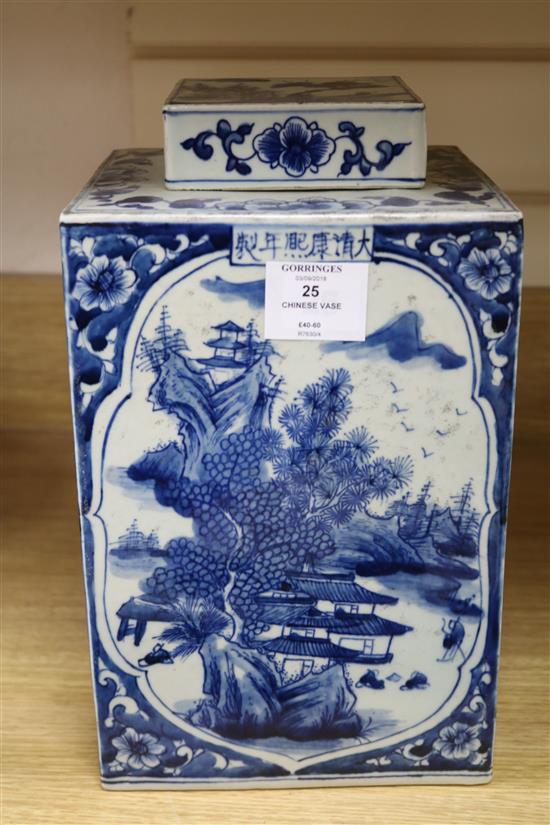 A square blue and white lidded vase height 30cm